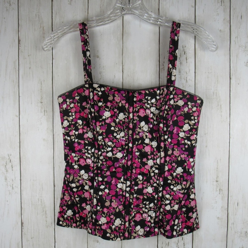 White House Black Market Meadow Flowers Corset Bustier Top Black Pink Sz 00 XXS